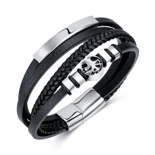 BTM263 Stainless Steel Tree of Life made Multi-Layered Hip-Hop Style Braided Leather Bracelet