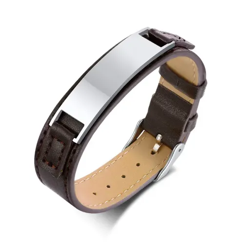 BTM455 Stainless Steel Color Curved Brown Leather Adjustable Bracelet Men's Accessories Jewelry