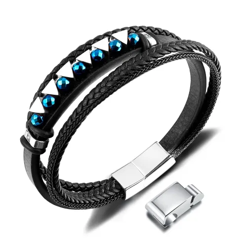 BTM309 Hip-hop triangle black gallstone high-end stainless steel -woven 3-section buckle bracelet