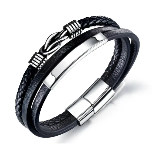 BTM335 Leather Cord Bracelet Stainless Steel Leather Braided Bracelet Multilayer Men's Titanium Steel Jewelry
