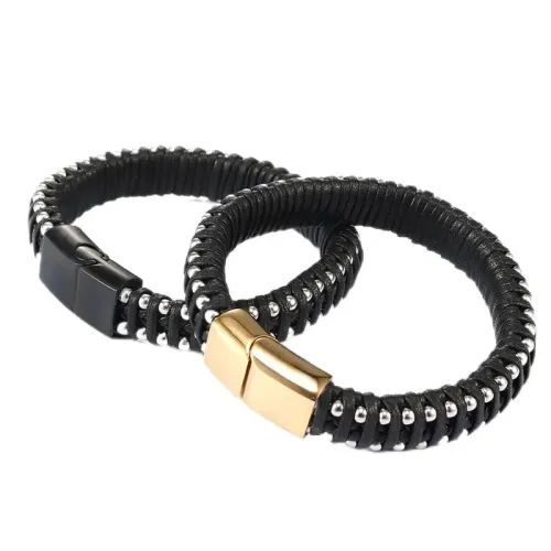 BTM582 Men's Leather Cord Stainless Steel Bracelet Stainless Steel Bracelet Jewelry