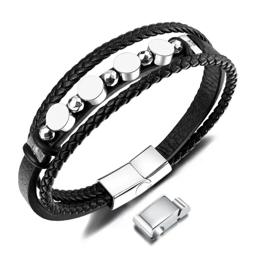 BTM268 Stainless steel round cake bracelet woven multi-layer men's 3-section magnetic buckle leather bracelet