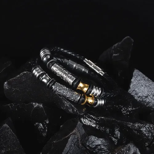BTM221 Braided Leather Bracelet Men Hip Hop Stainless Steel Bracelet
