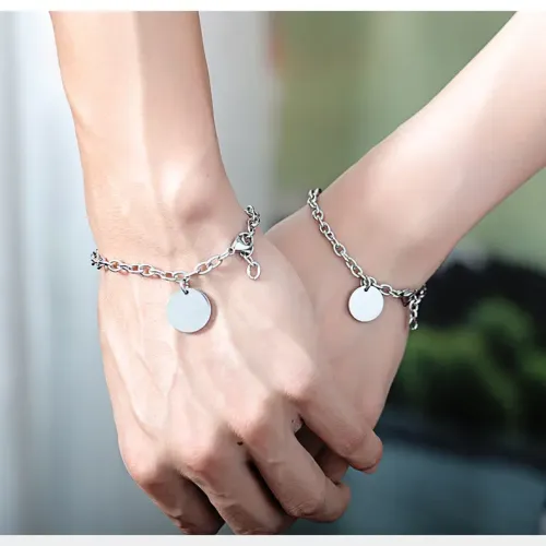 BTM264 Round plate engraved titanium steel thick O-shaped chain couple bracelet