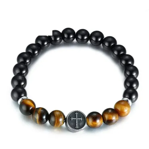 BTM492 titanium steel accessories tiger eye stone black agate beaded men's cross bracelet