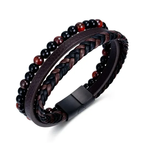 BTM195 Red tiger eye stone made multi-layer braided leather bracelet for men