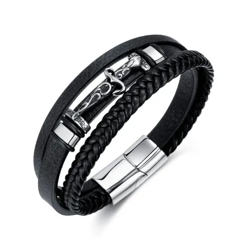 BTM133 -woven multi-layer leather bracelet hip-hop style stainless steel cross sword bracelet