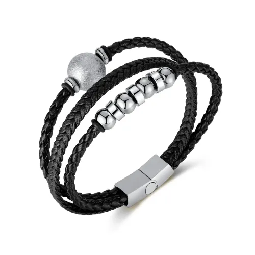 BTM176 Multi-layered woven stainless steel ball bead stitching leather bracelet for men
