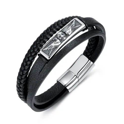 BTM226 -woven multi-layer leather bracelet stainless steel skull men's leather bracelet