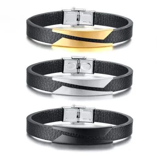 BTM525 Bracelet stainless steel oblique piece curved microfiber leather bracelet jewelry