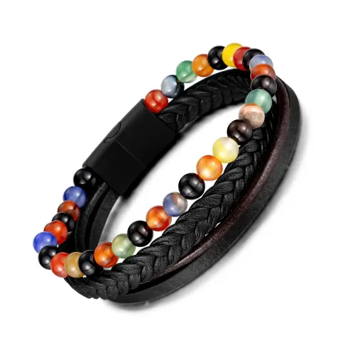 BTM340 Stainless steel men's multi-layer braided bracelet natural agate beads leather bracelet