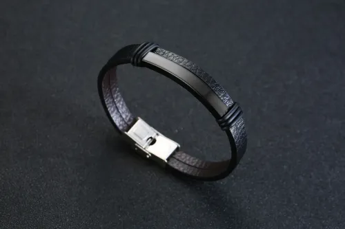 BTM521 Engravable black stainless steel men's bracelet double-layer leather bracelet now available