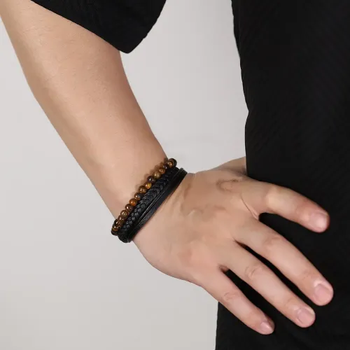 BTM219 Men's multi-layered woven beaded bracelet yellow tiger eye stone leather bracelet