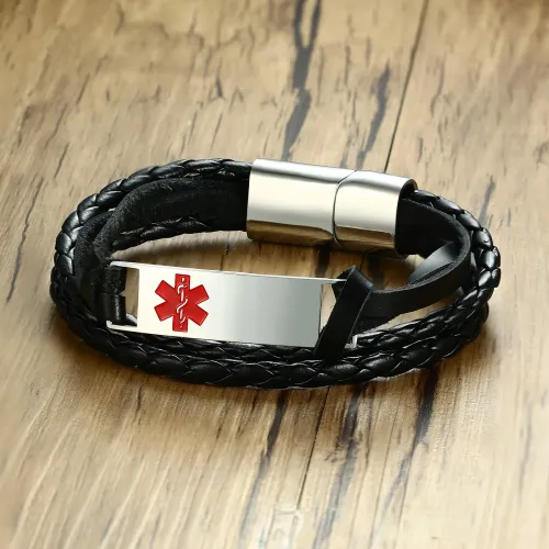 BTM471 Stainless Steel Curved Corrosion Red Medical Logo Leather Bracelet Men's Jewelry