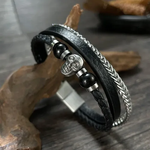 BTM197 Multi-layer braided leather cord stainless steel skull men's bracelet