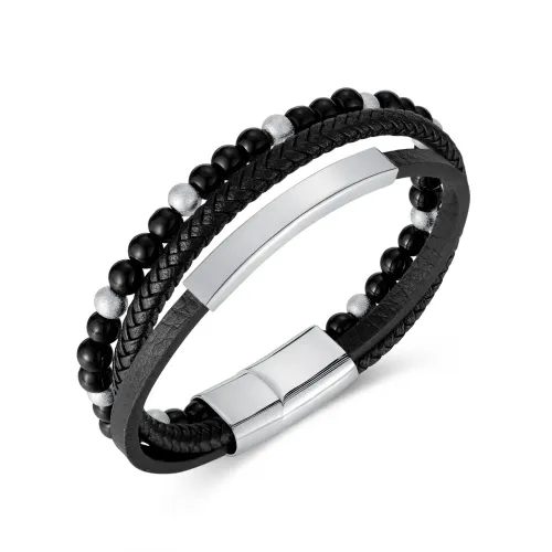 BTM341 Men's Multi-Layered Braided Engravable Stainless Steel Black Onyx Beaded Leather Bracelet