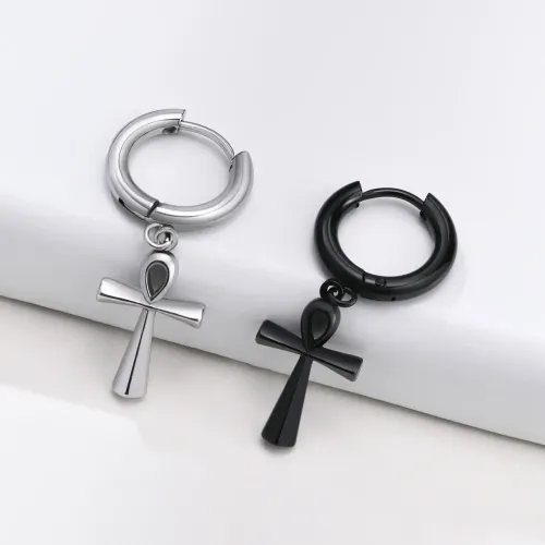 ETM127 Black Ankh Cross Stainless Steel Earrings for Men Hip Hop Style Steel Color