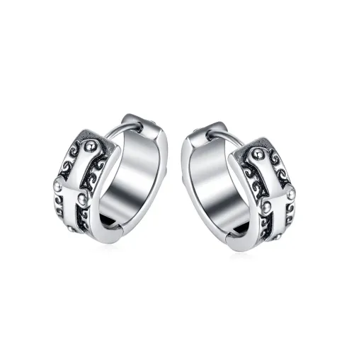 ETM10 Unisex Titanium Steel Cross Hoop Earrings Men's Women's Stainless Plain