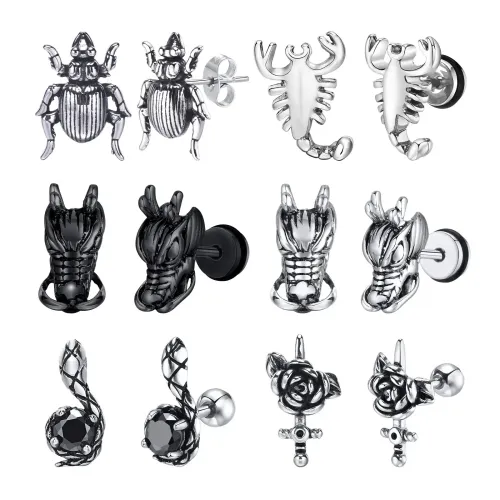 ETM128 Men's Animal Earrings: Beetle, Scorpion, Dragon, Snake Rose Designs