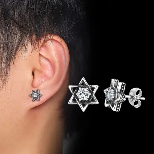 ETM137 Elegant Men's Hexagram Zircon Earrings in Stainless Titanium Steel Jewelry