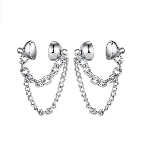 ETM43 Geometric Double Chain Ear Clip with Zirconia Stainless Steel Earrings