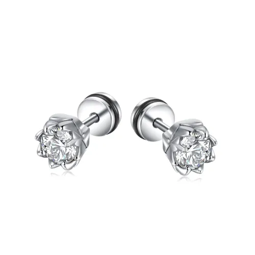 ETM26 Round Zircon Prong Set Earrings Unisex Stainless Steel Cake Studs