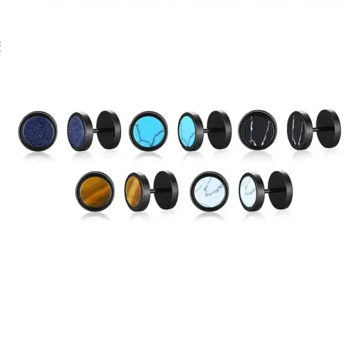 ETM106 Titanium Steel Dumbbell Earrings for Men Turquoise Tiger Eye Stone