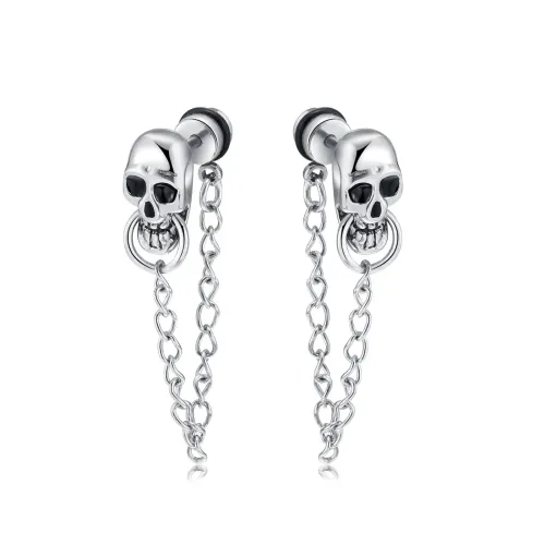 ETM41 Men's Punk Skull Chain Earrings Stainless Steel Gothic Jewelry