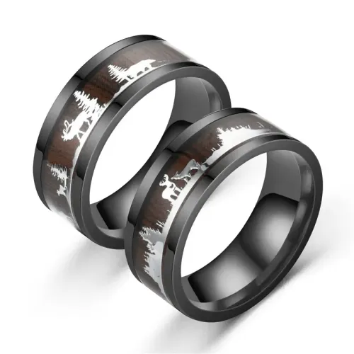 RTM2808 Black Wood Grain Deer Ring Unique Christmas Gift for Nature Lovers