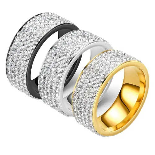 RTM973 Luxury Five-Row Diamond Stainless Steel Couple Rings Elegant Jewelry Set
