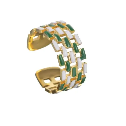 RTM2453 18K Gold Plated Stainless Steel Open Ring with Red & Green Enamel Adjustable Braided Design