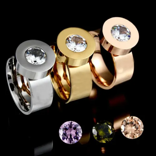 RTM2471 Elegant 4-Color Zircon Stainless Steel Ring for Women Vacuum Gold Plated