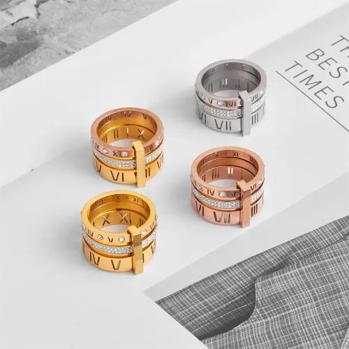 RTM2222 Roman Numeral Diamond Couple Rings Stainless Steel Matching Set