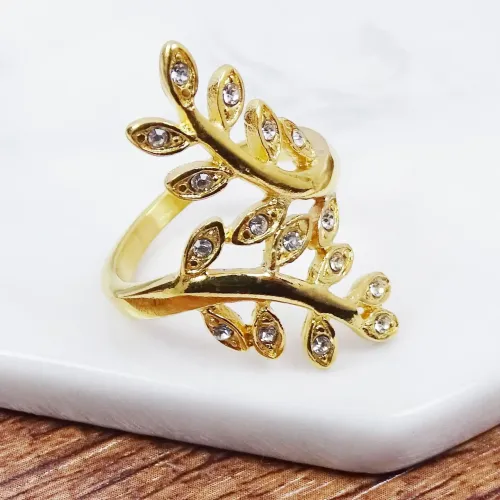 RTM401 18K Gold Leaf Diamond Ring Women's Titanium Stainless Steel Geometric Finger Jewelry