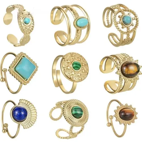 RTM2558 Adjustable 14K Gold-Plated Stainless Steel Ring with Inlaid Turquoise