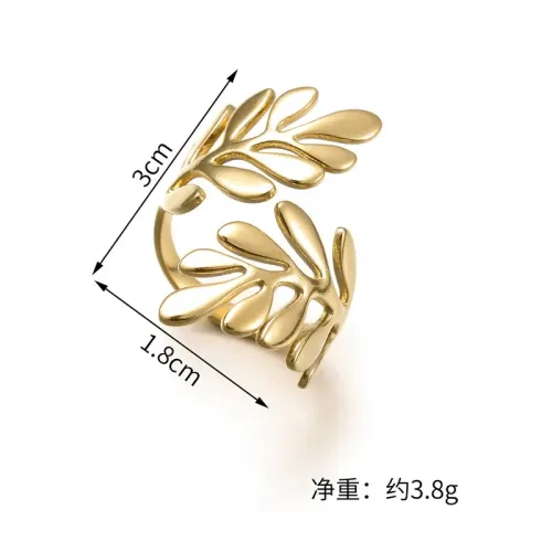 RTM2512 Adjustable 14K Gold Leaf Ring for Women Stainless Steel Open Band