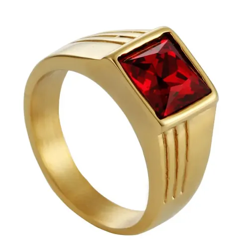 RTM2132 Elegant Stainless Steel Ring with Inlaid Ruby & Square Red Zirconia