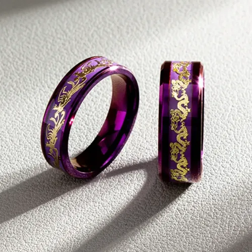 RTM1395 Dragon & Phoenix Purple Stainless Steel Couple Rings Inlaid Jewelry