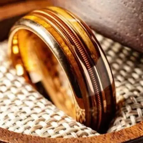 RTM2899 Double Wood Grain & Three Strings Design Couple Ring Symbol of Eternal Love