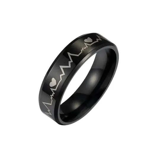RTM1132 6mm Black Plated Stainless Steel ECG Heartbeat Ring Unique Jewelry Gift