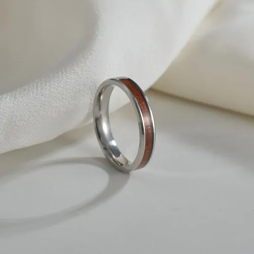 RTM1286 4MM Stainless Steel & Hawaiian Acacia Wood Inlay Ring Elegant Couple's Jewelry