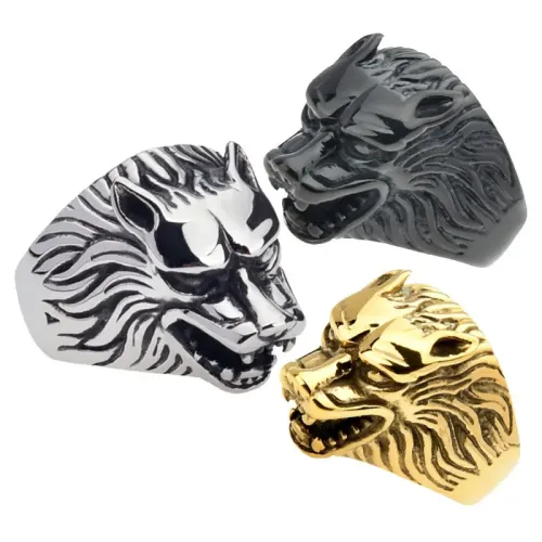 RTM2180 Men's Stainless Steel Wolf Head Ring Durable Wolf-Themed Jewelry Accessory