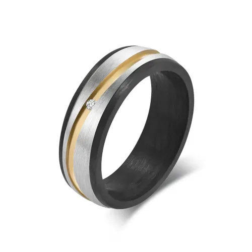 RTM1120 Two-Color Carbon Fiber & Titanium Ring Set with Electric Stone Perfect for Couples