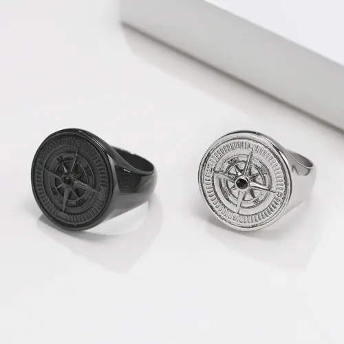 RTM128 Black Stainless Steel Compass Ring Nautical Navigation Men's Band