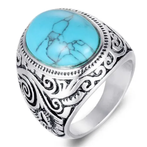 RTM1544 Black Onyx & Turquoise Punk Ring Stainless Steel Carved Design