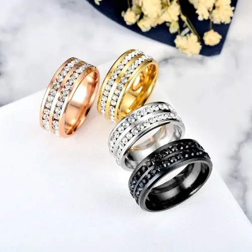 RTM966 Elegant Double Row Diamond Stainless Steel Rings for Women Luxury Couple Jewelry