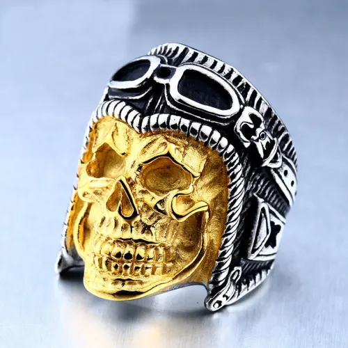 RTM2375 Men's Stainless Steel Punk Ring Engraved Skull Pilot Design Jewelry