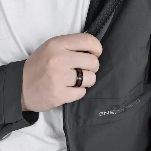 RTM1080 8mm Stainless Steel Men's Ring with Double Beveled Wood Grain OL Style Jewelry