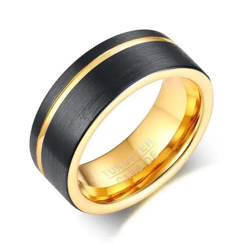 RTM4 8MM Black Gold Men's Ring Brushed Tungsten Steel with Groove Design