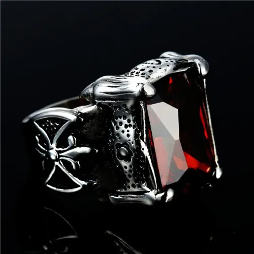 RTM2137 Women's Red Zirconia Ruby Flower Ring Punk Stainless Steel Accessory